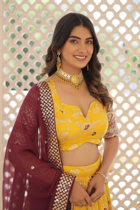 Yellow Jacquard Sequins Lehenga Choli