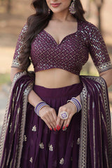 Wine Faux Georgette Sequins Lehenga Choli