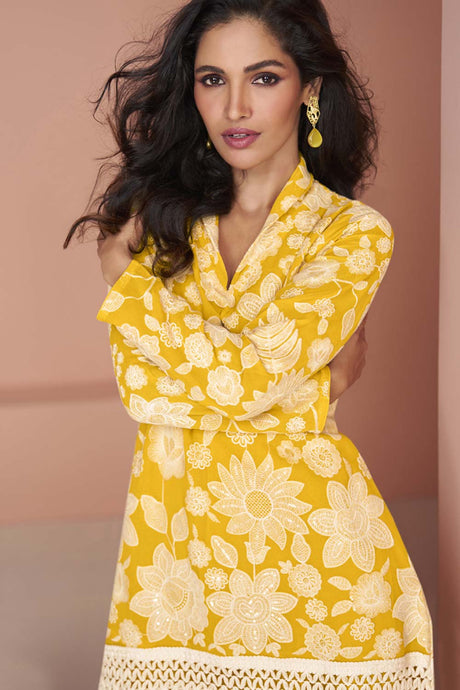 Yellow Georgette Embroidered Readymade Suits
