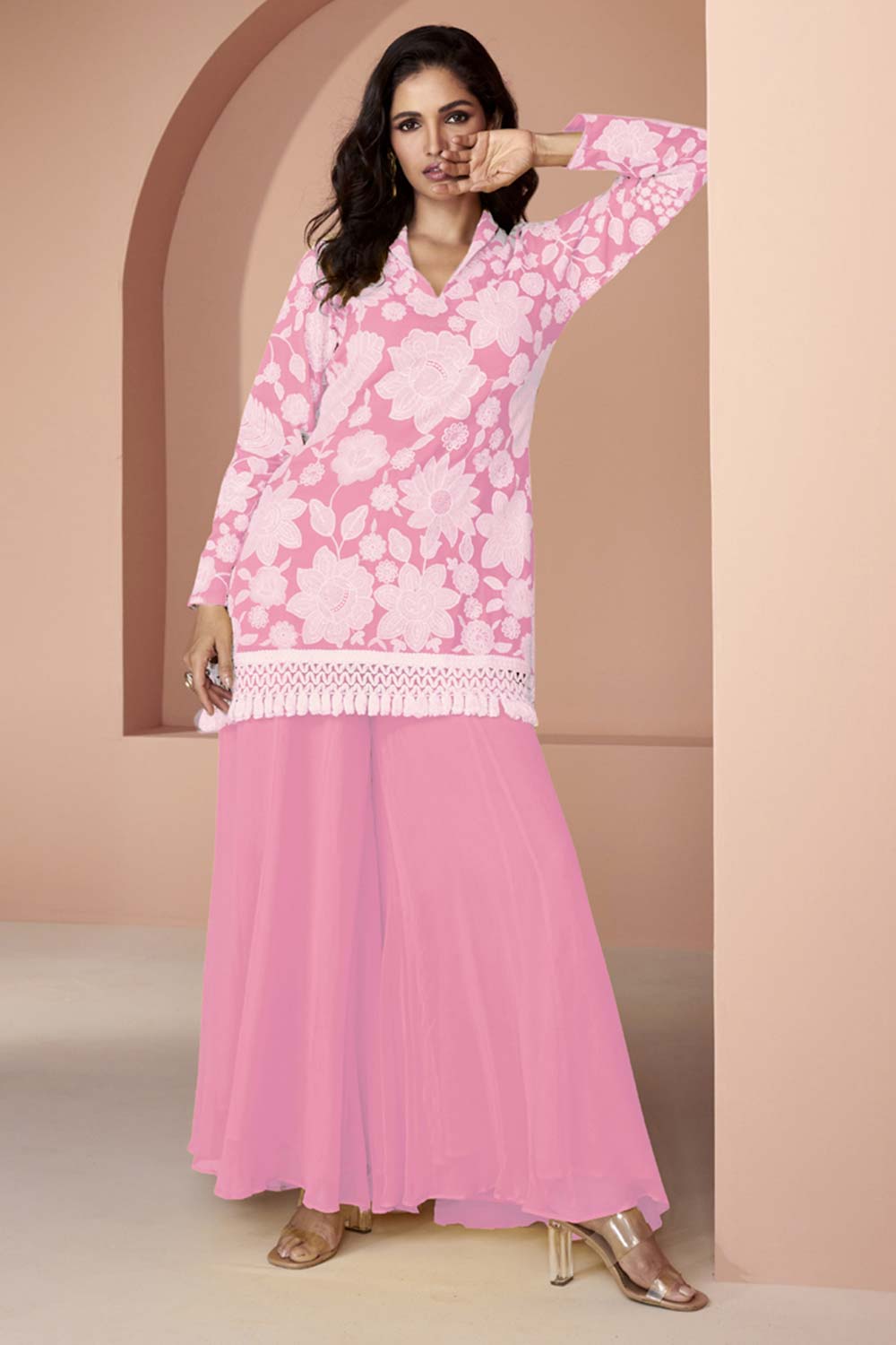 Pink Georgette Embroidered Readymade Suits