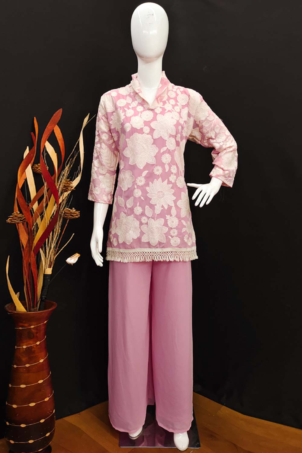 Pink Georgette Embroidered Readymade Suits