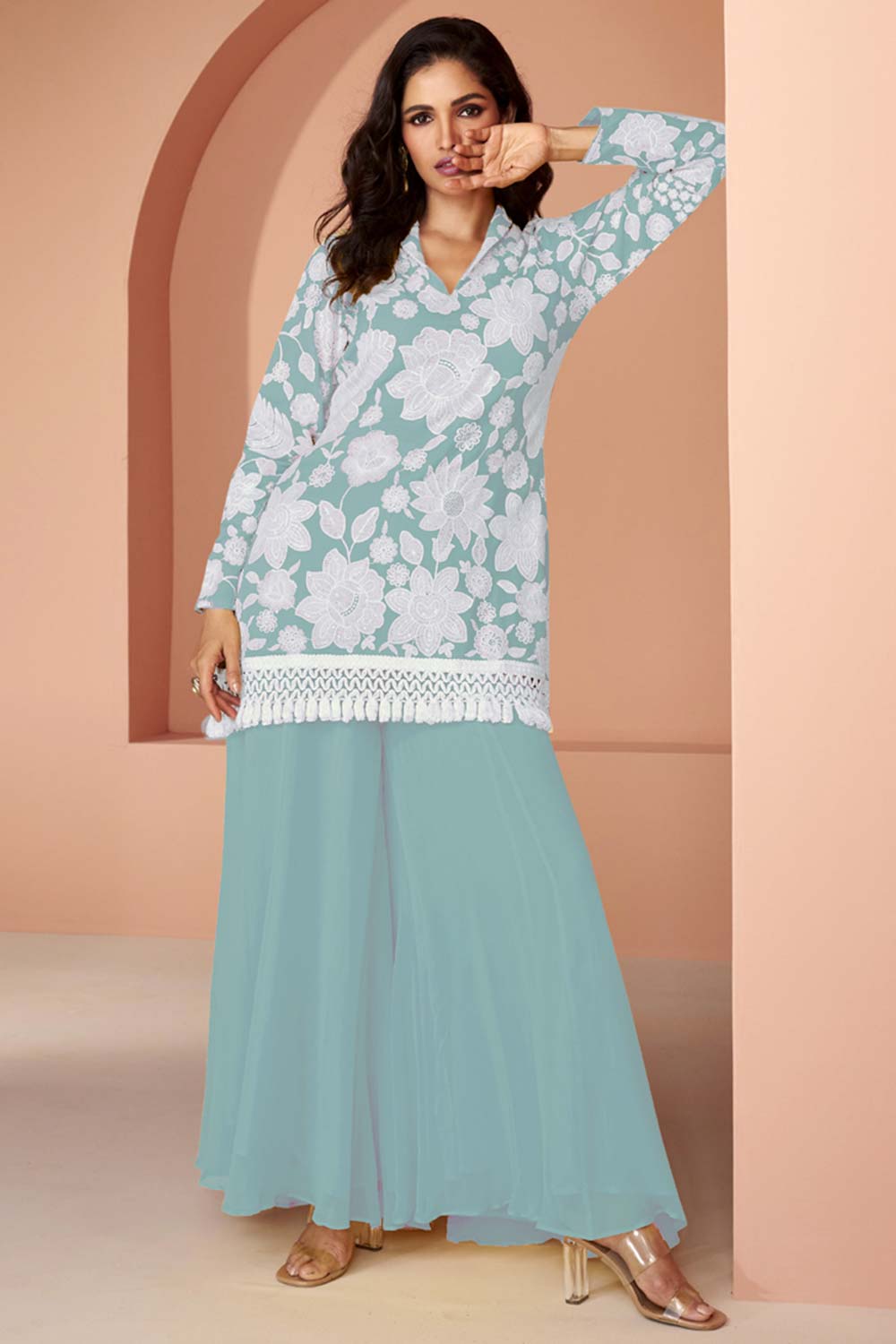 Aqua blue Georgette Embroidered Readymade Suits
