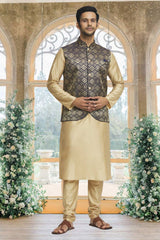 Gold Brocade Solid Kurta Pajama Jacket Set