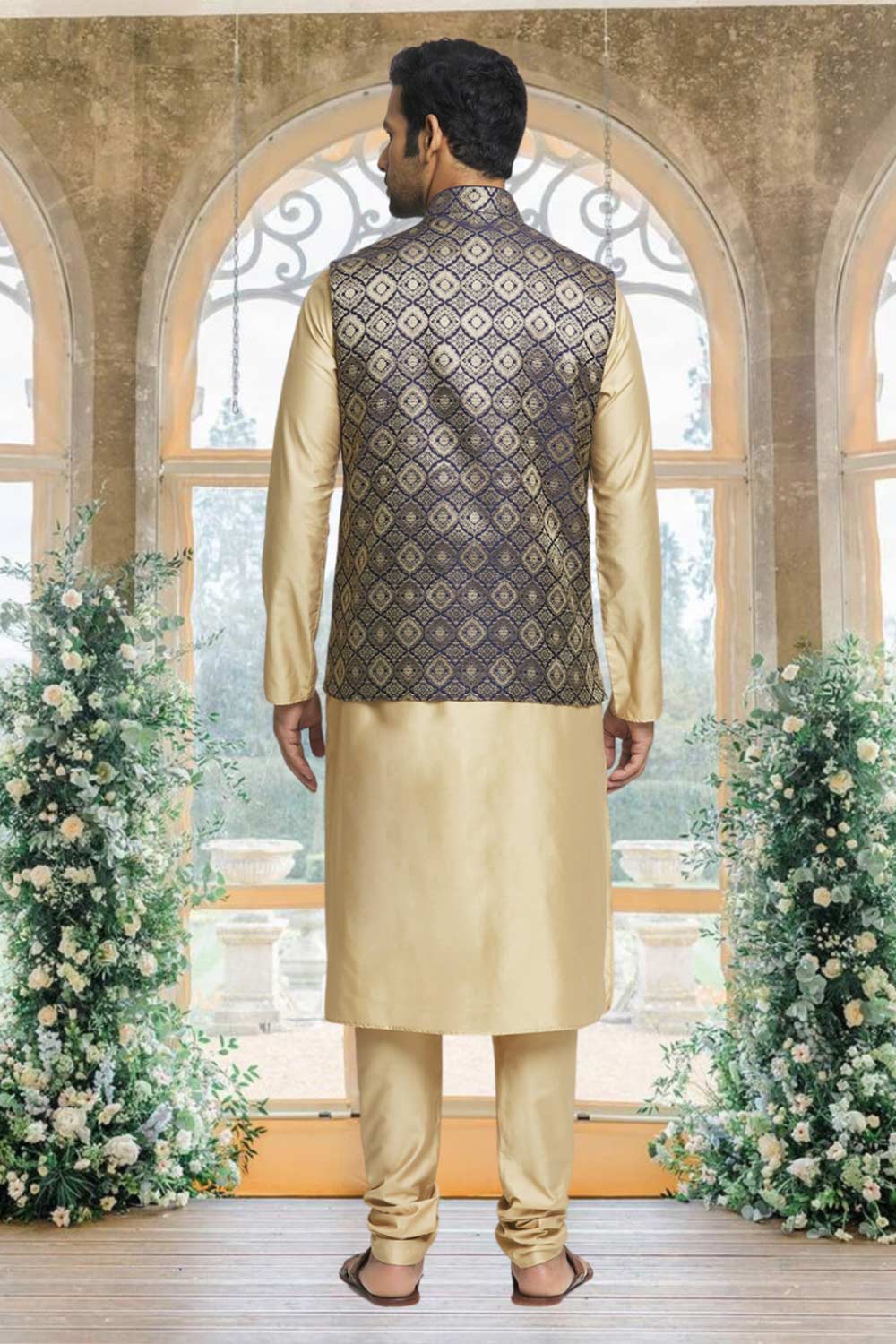 Gold Brocade Solid Kurta Pajama Jacket Set