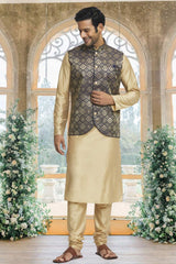 Gold Brocade Solid Kurta Pajama Jacket Set