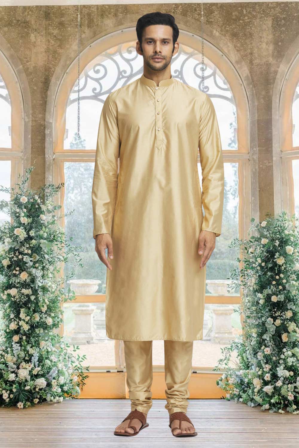 Gold Brocade Solid Kurta Pajama Jacket Set