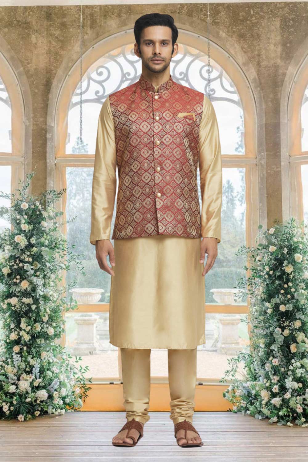 Gold Brocade Solid Kurta Pajama Jacket Set