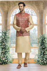 Gold Brocade Solid Kurta Pajama Jacket Set