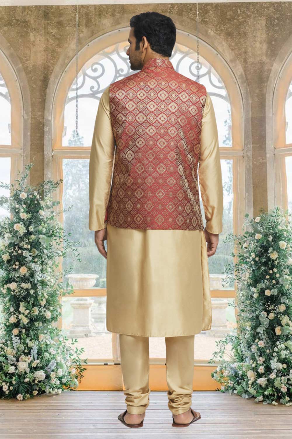 Gold Brocade Solid Kurta Pajama Jacket Set