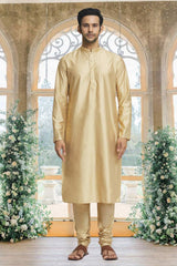 Gold Brocade Solid Kurta Pajama Jacket Set