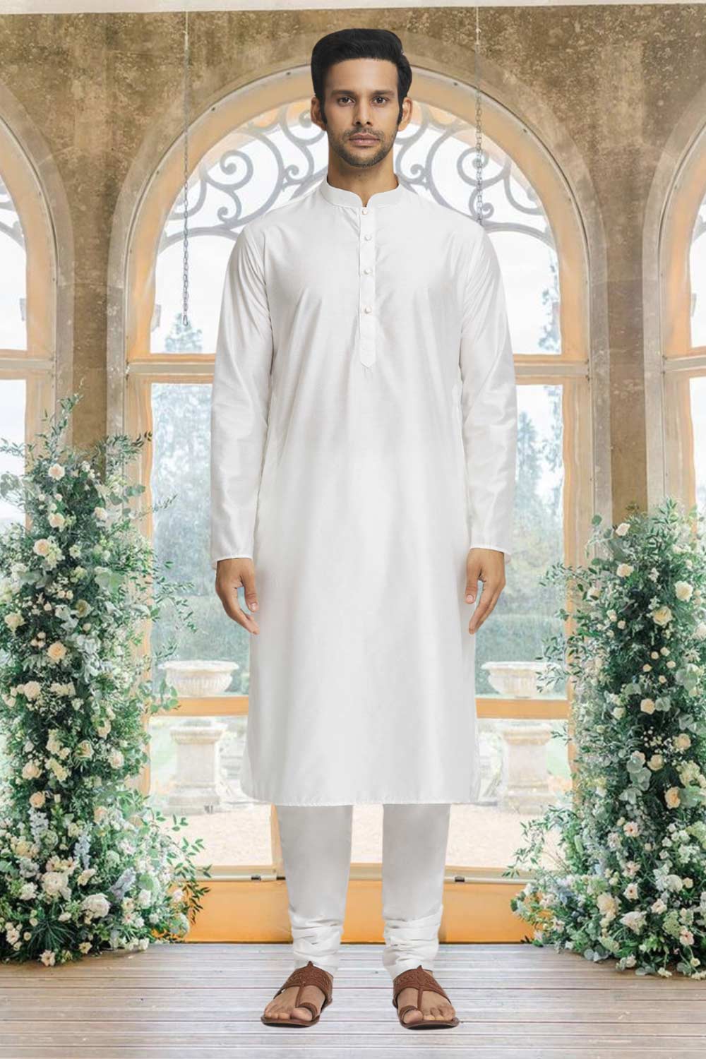 Off White Silk Solid Kurta Pajama Jacket Set