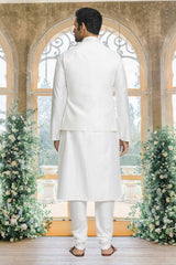 Off White Silk Solid Kurta Pajama Jacket Set