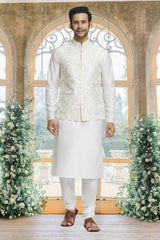 Off White Silk Solid Kurta Pajama Jacket Set