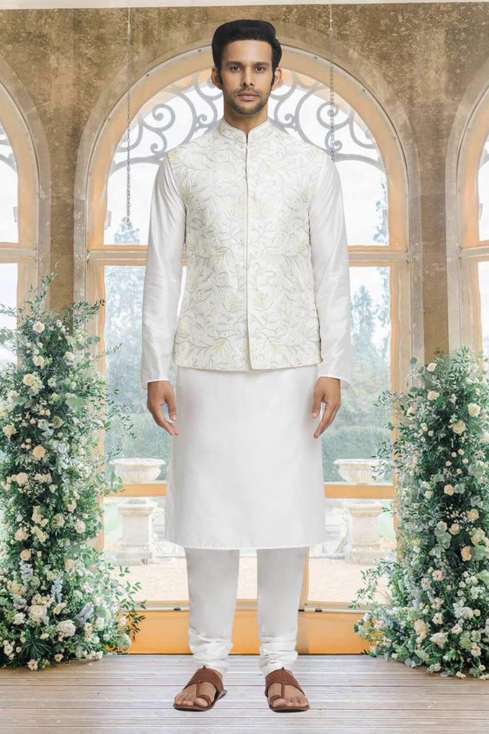 Off White Silk Solid Kurta Pajama Jacket Set