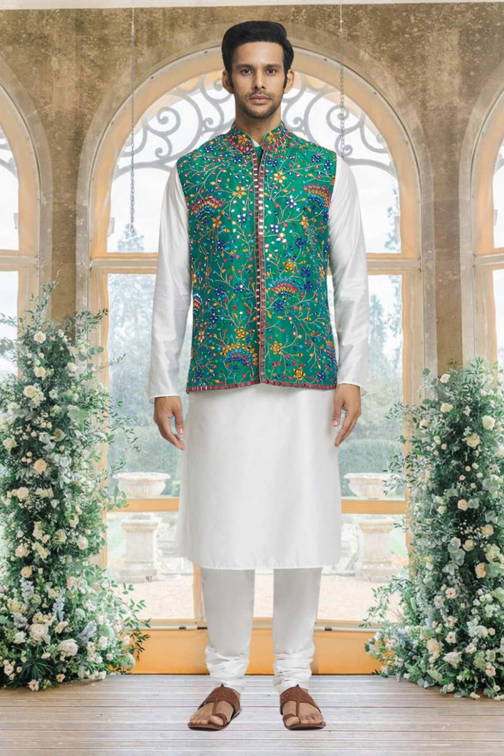 Off White Silk Solid Kurta Pajama Jacket Set