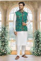 Off White Silk Solid Kurta Pajama Jacket Set