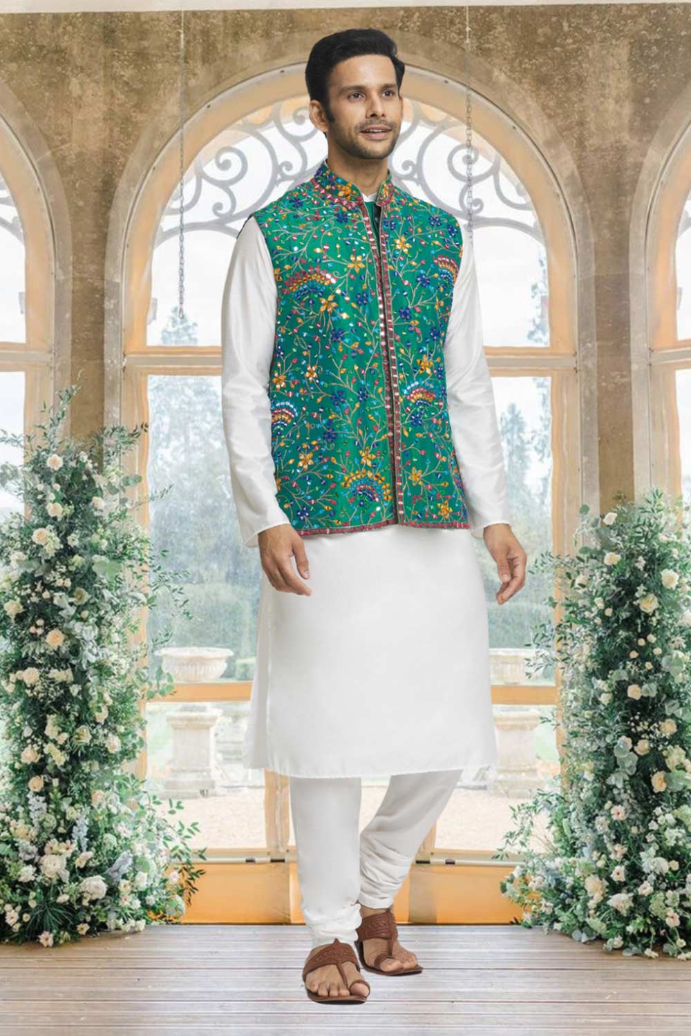 Off White Silk Solid Kurta Pajama Jacket Set