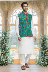 Off White Silk Solid Kurta Pajama Jacket Set