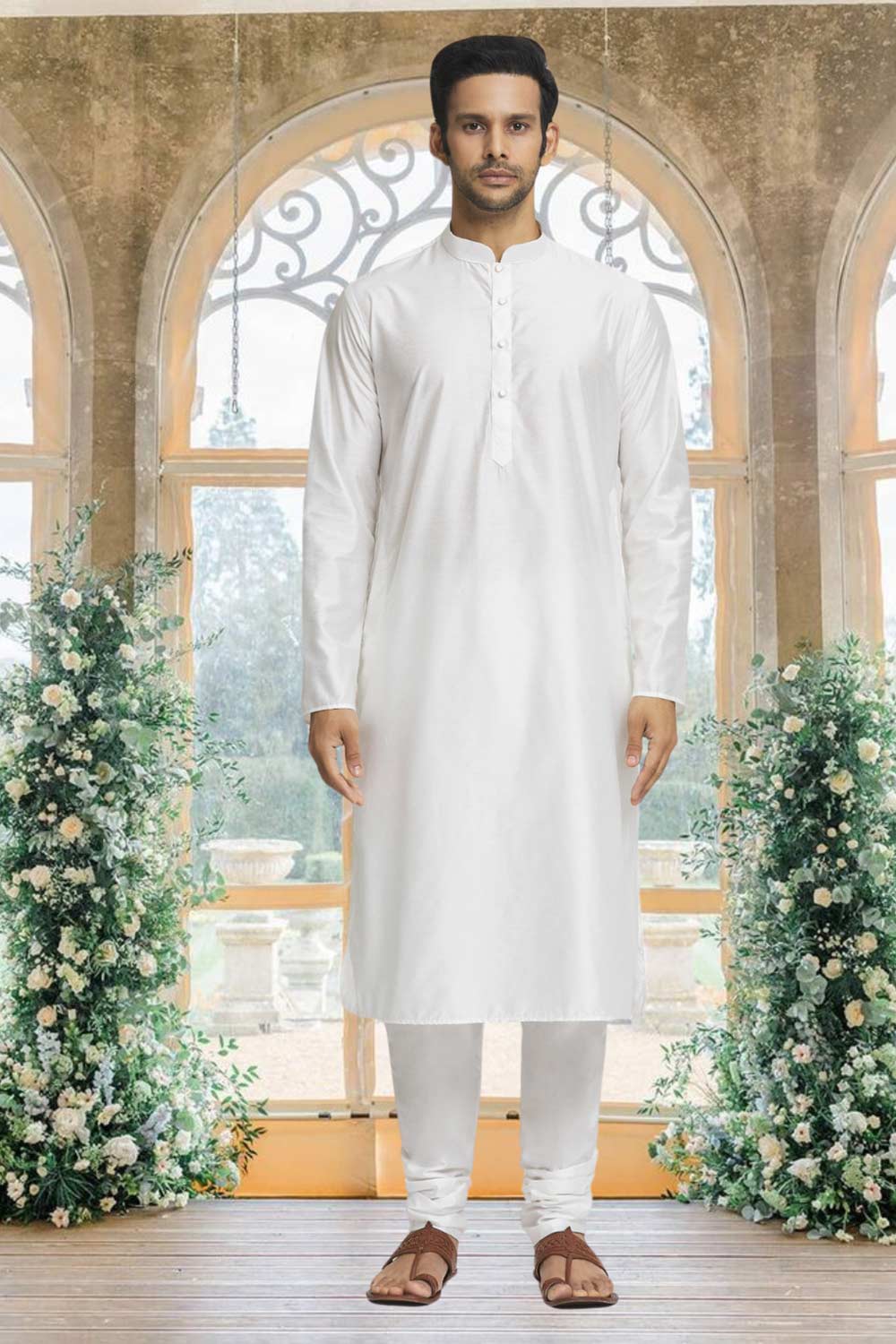 Off White Silk Solid Kurta Pajama Jacket Set