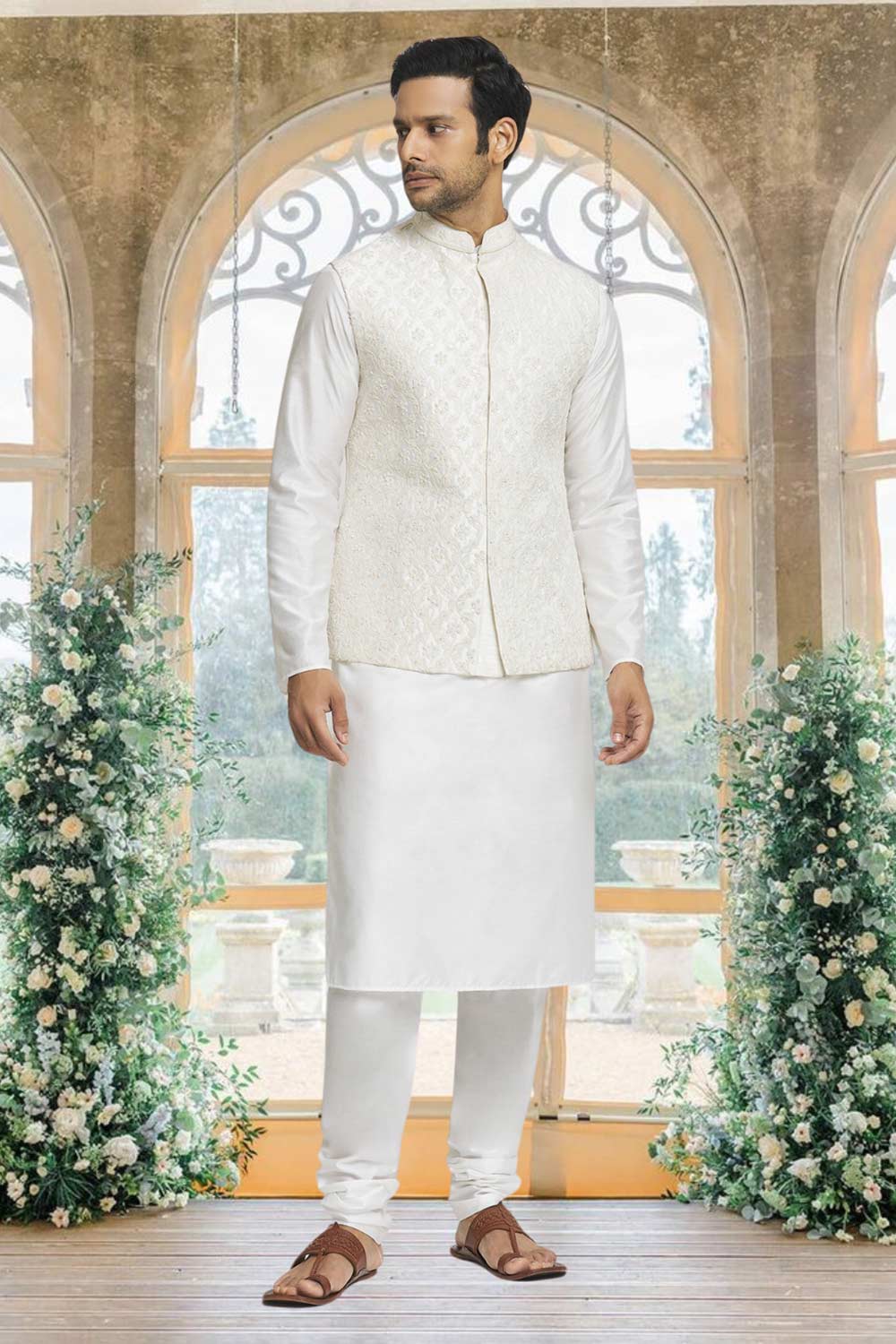 Off White Silk Solid Kurta Pajama Jacket Set