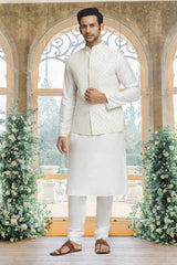 Off White Silk Solid Kurta Pajama Jacket Set