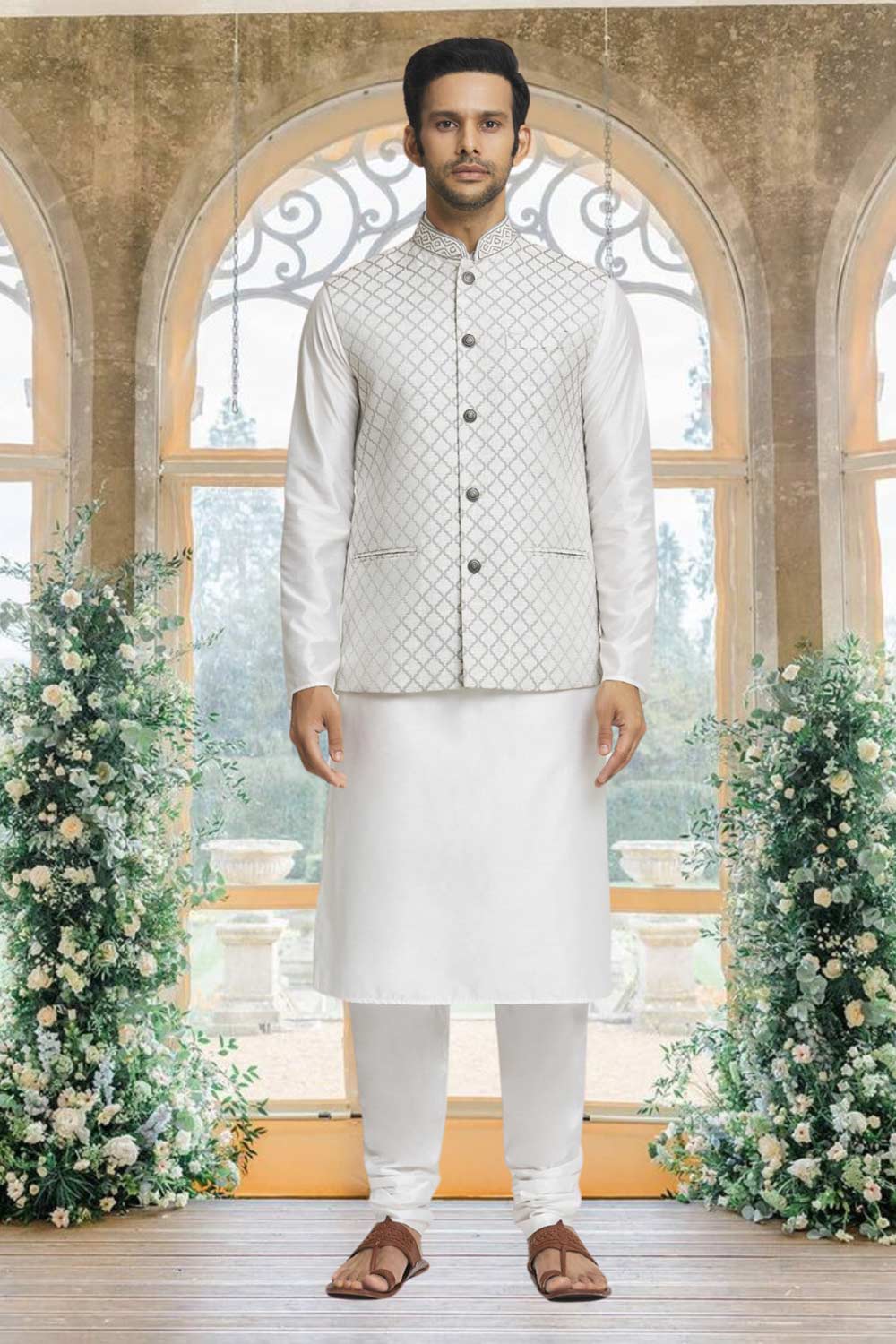 Off White Brocade Solid Kurta Pajama Jacket Set