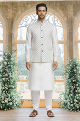 Off White Brocade Solid Kurta Pajama Jacket Set