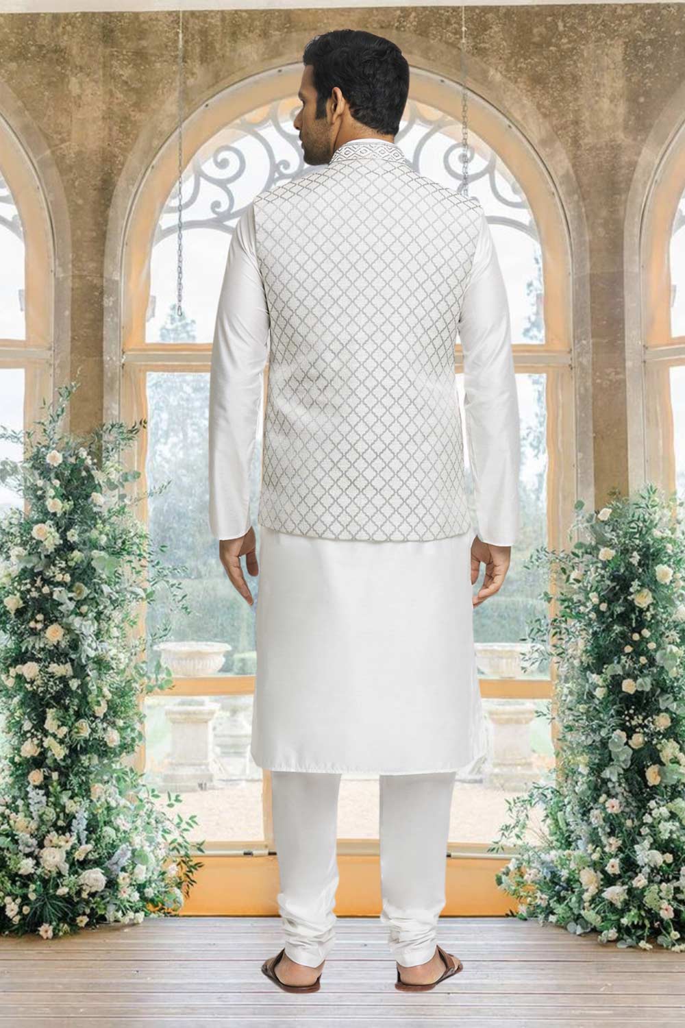 Off White Brocade Solid Kurta Pajama Jacket Set