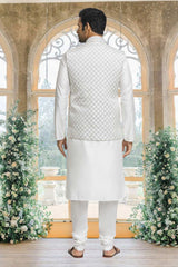 Off White Brocade Solid Kurta Pajama Jacket Set