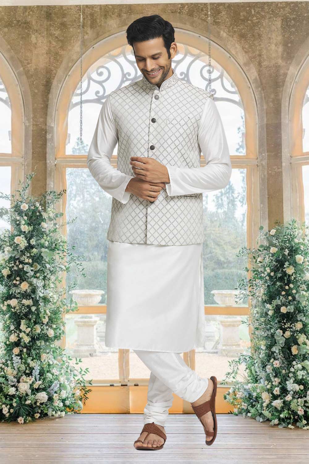 Off White Brocade Solid Kurta Pajama Jacket Set