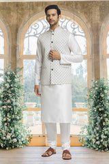 Off White Brocade Solid Kurta Pajama Jacket Set