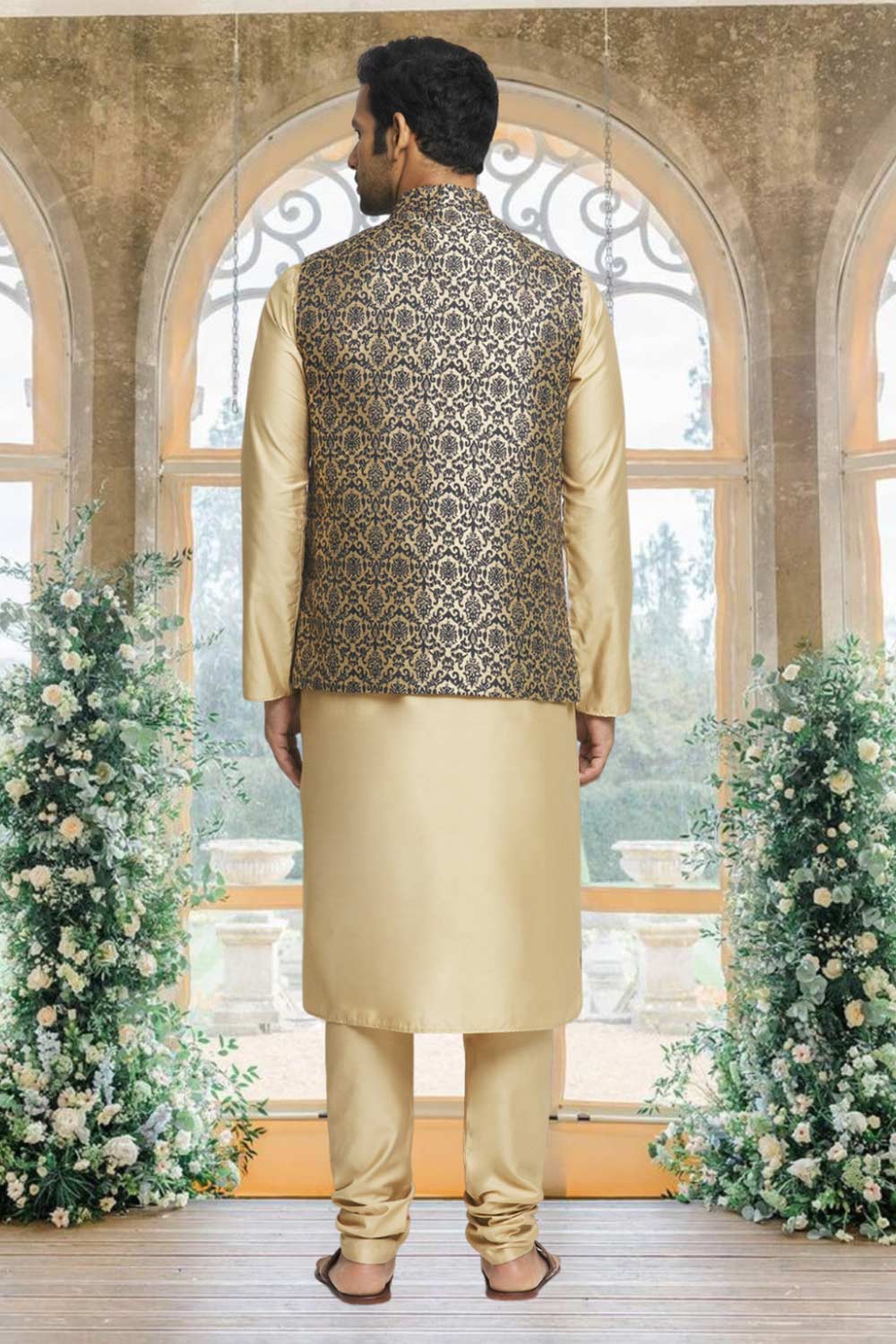 Gold Brocade Solid Kurta Pajama Jacket Set