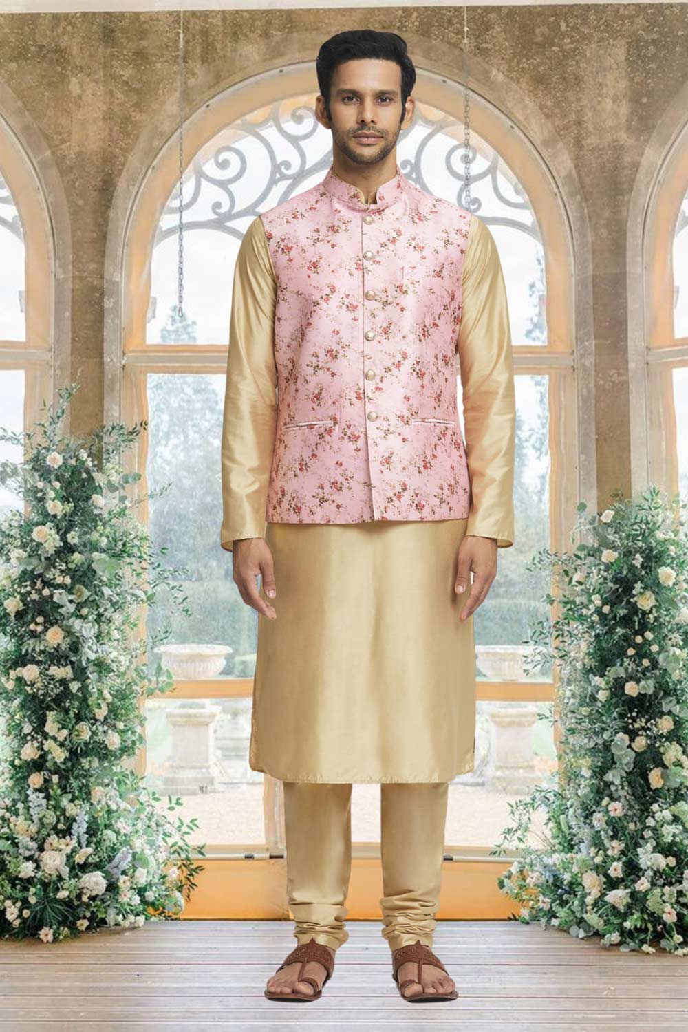 Gold Silk Solid Kurta Pajama Jacket Set