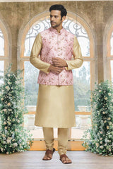 Gold Silk Solid Kurta Pajama Jacket Set