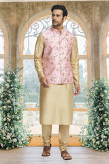 Gold Silk Solid Kurta Pajama Jacket Set