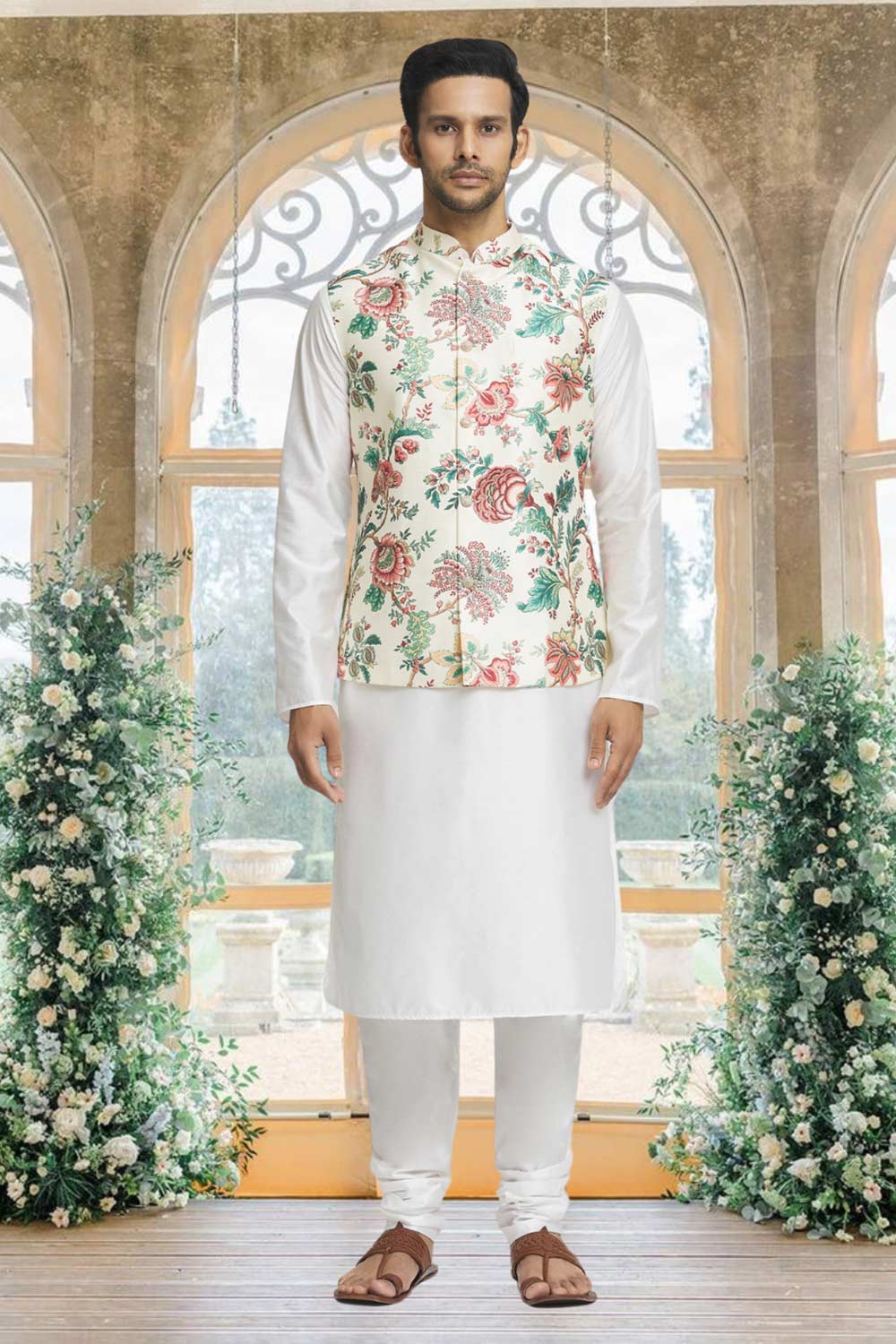 Off White Silk Solid Kurta Pajama Jacket Set