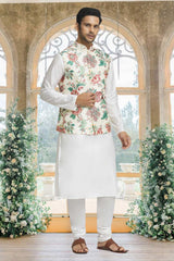 Off White Silk Solid Kurta Pajama Jacket Set