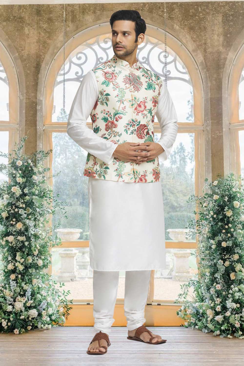 Off White Silk Solid Kurta Pajama Jacket Set