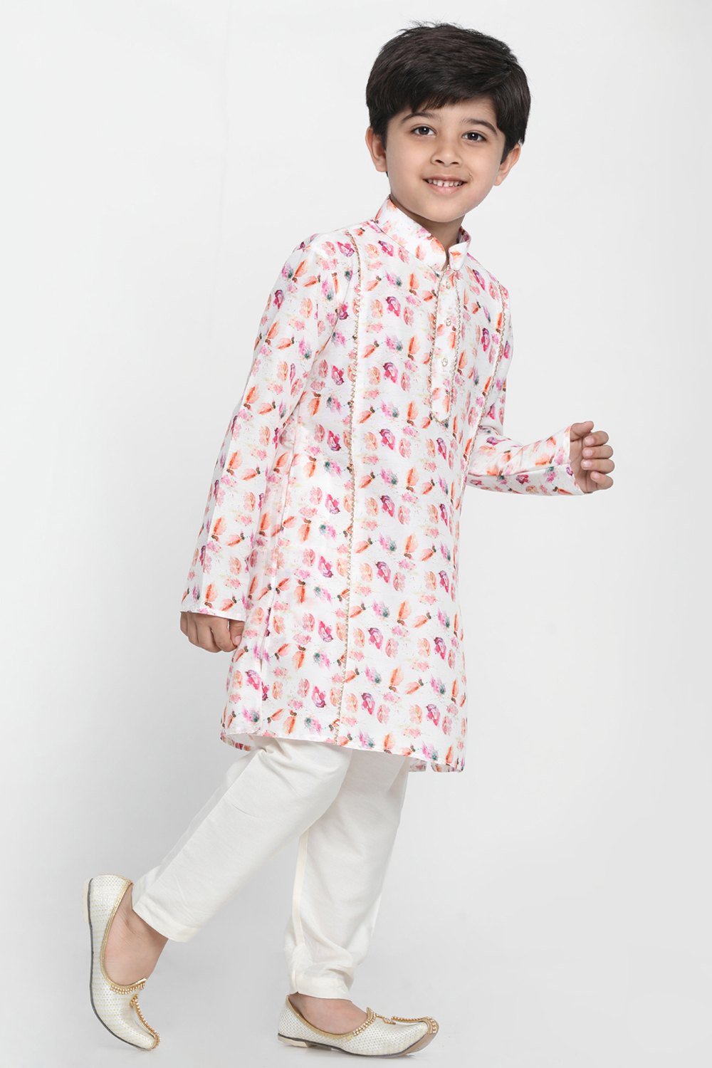 Boy's Abstract Print Blended Cotton Kurta Set in White