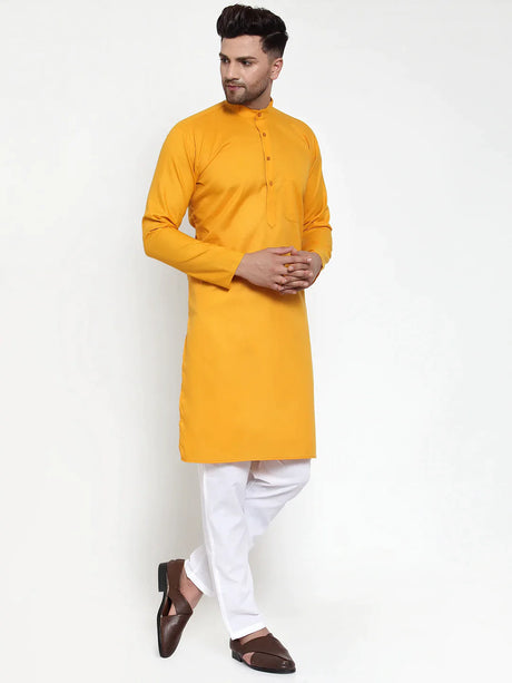 Men's Mustard Cotton Solid Kurta Set