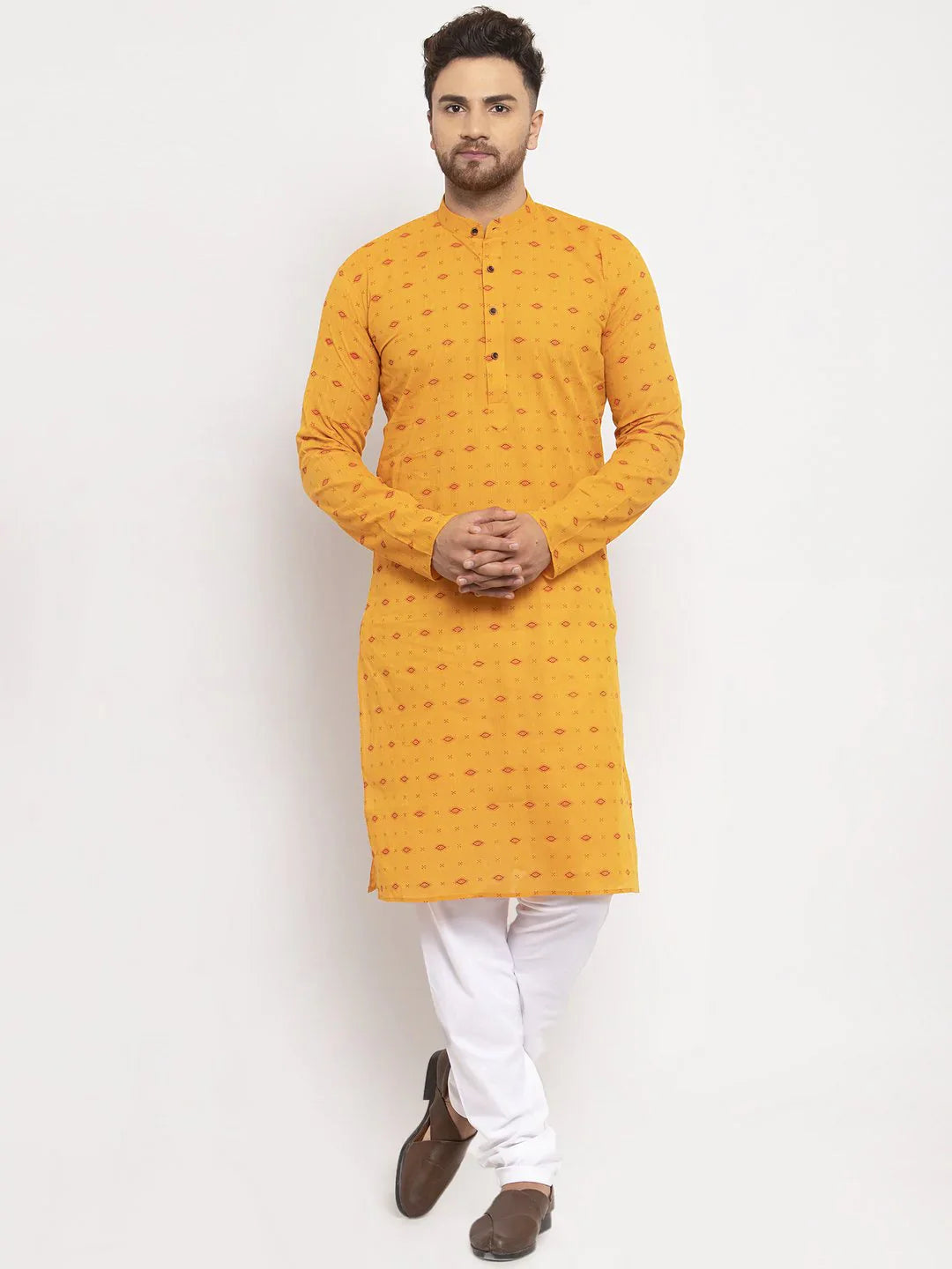 Men's Yellow Cotton Blend Printed Kurta Top