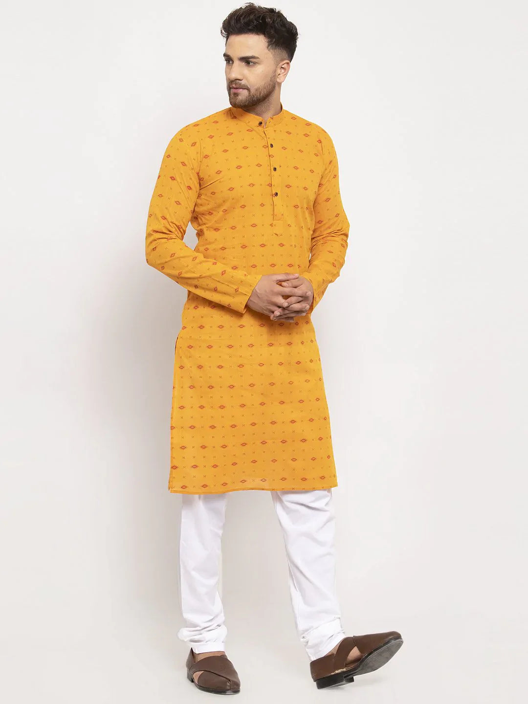 Men's Yellow Cotton Blend Printed Kurta Top