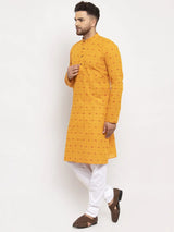 Men's Yellow Cotton Blend Printed Kurta Top