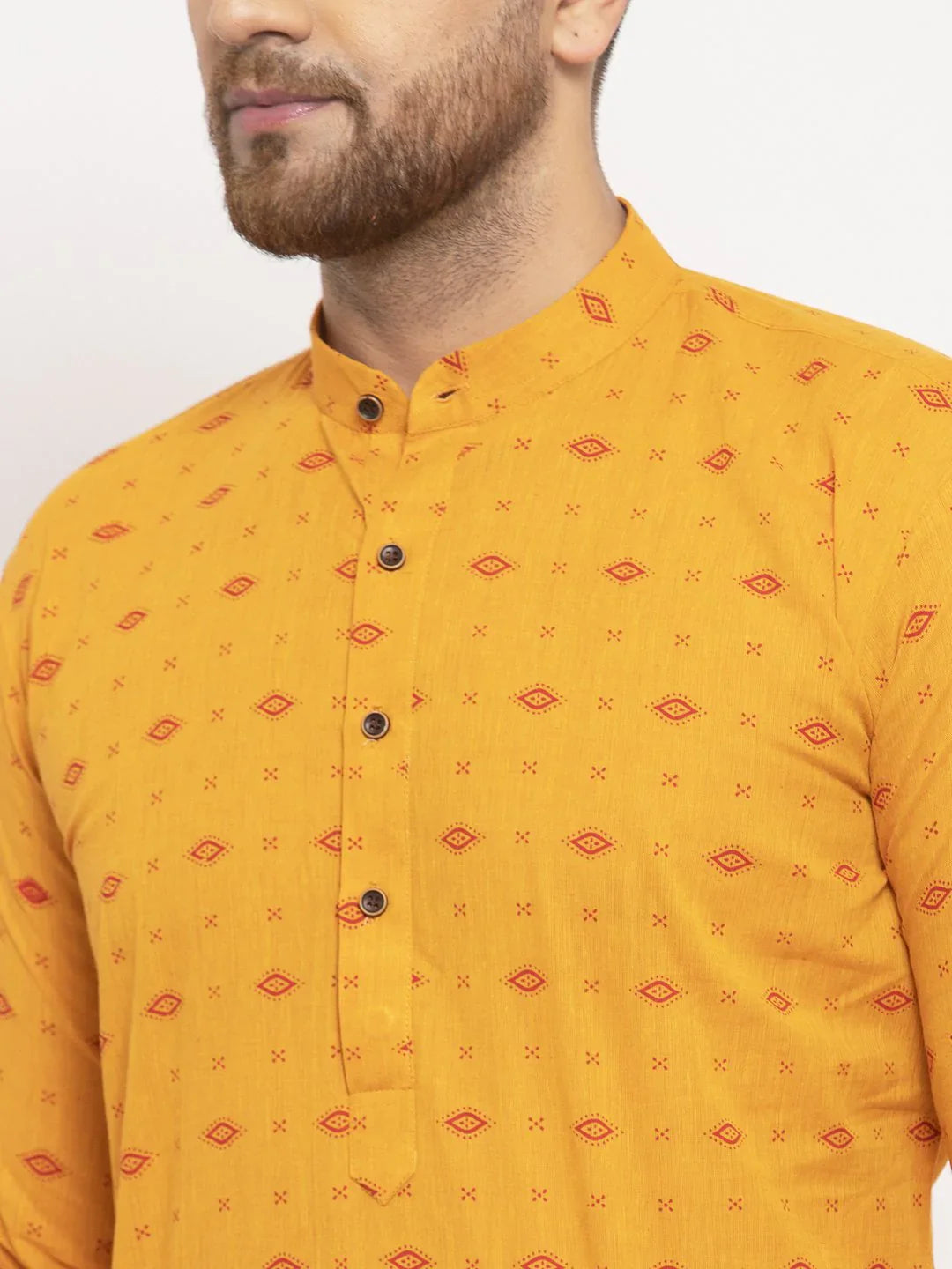 Men's Yellow Cotton Blend Printed Kurta Top