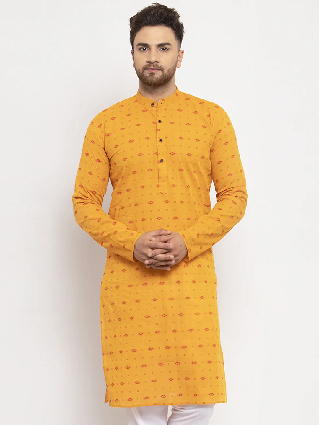 Men's Yellow Cotton Blend Printed Kurta Top