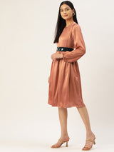 Women's Peach-Colored Satin Dress With Belt