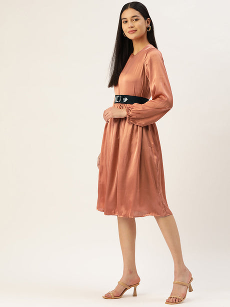 Women's Peach-Coloured Satin Dress With Belt