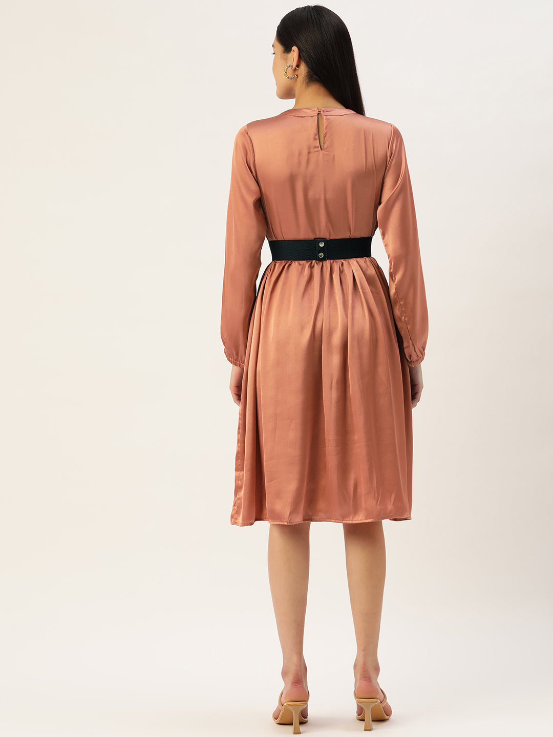 Women's Peach-Colored Satin Dress With Belt