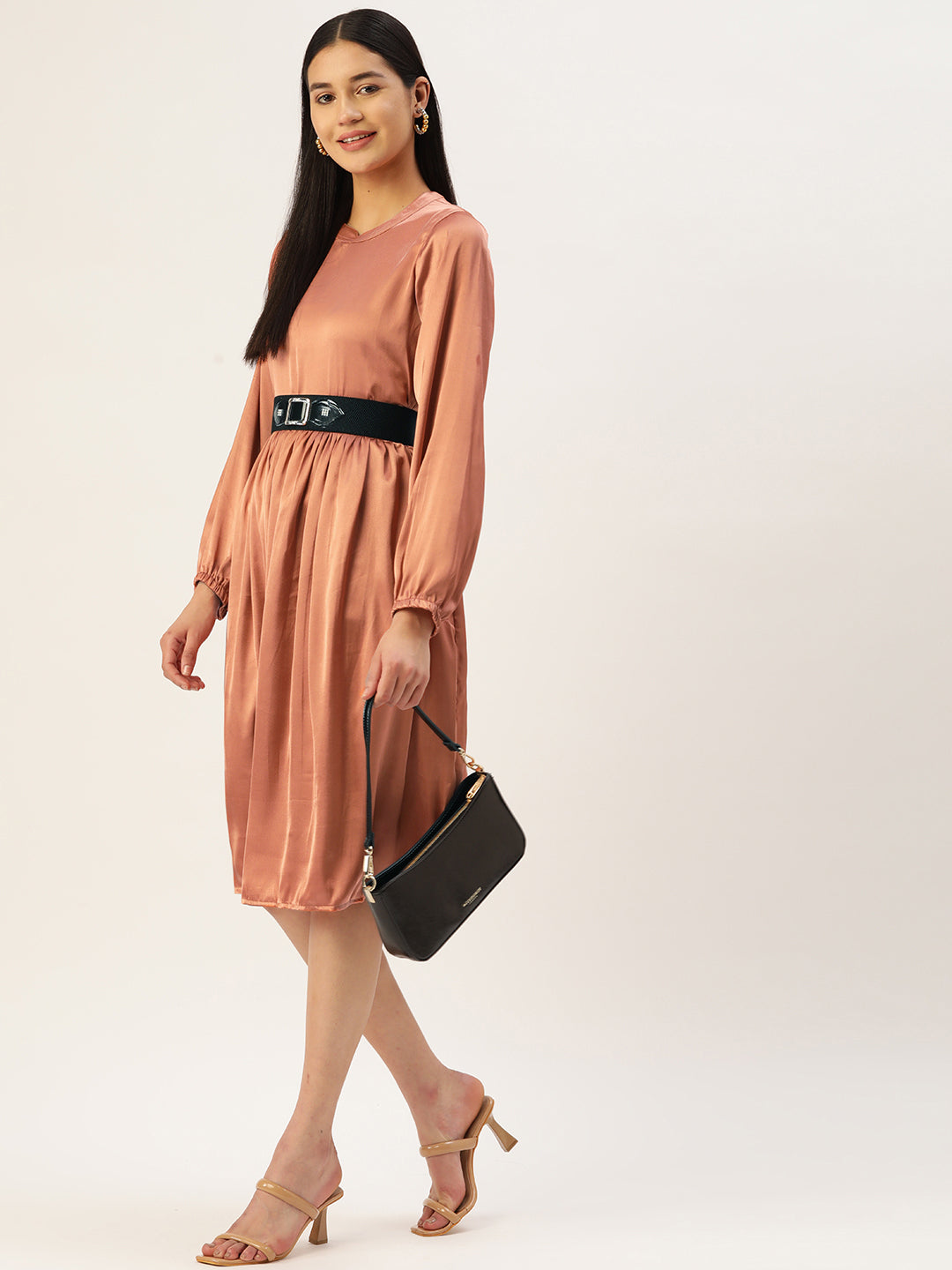 Women's Peach-Colored Satin Dress With Belt