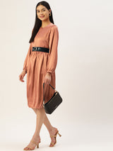 Women's Peach-Colored Satin Dress With Belt